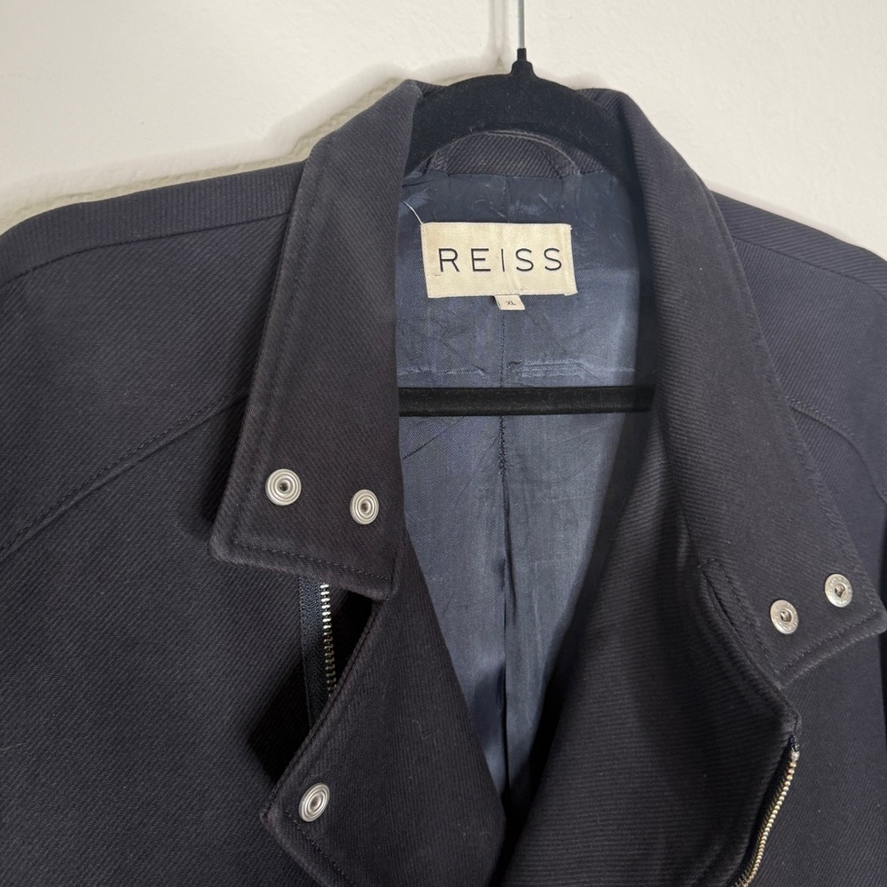 Reiss Jacket Moto Navy Asymmetrical Zip Silver Hardware Lined Collar Wear XL - Picture 3 of 10
